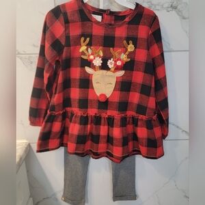 Mud Pie Red and Black Plaid Reindeer Christmas Top with Gray Pants